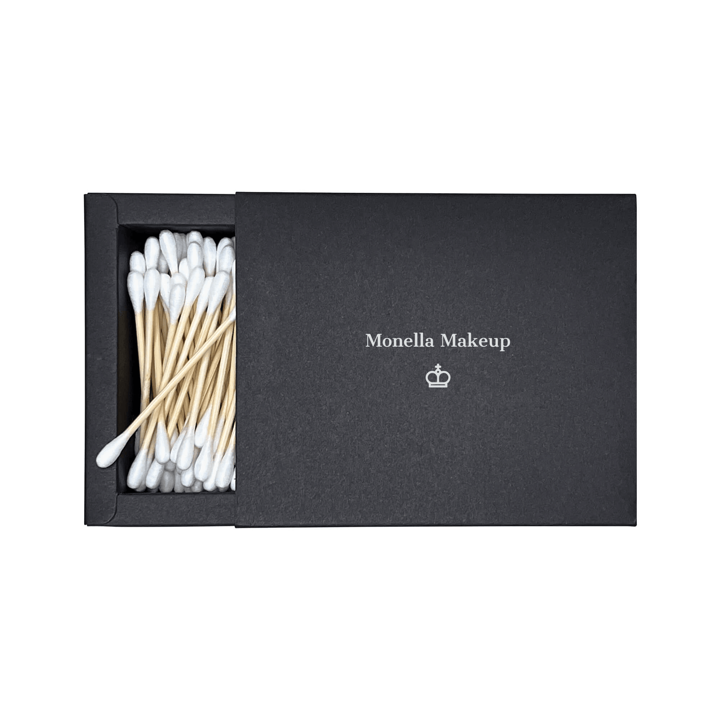 Biodegradable cotton swabs in black Monella Makeup box with bamboo stems and pure cotton tips, ideal for makeup application and removal.