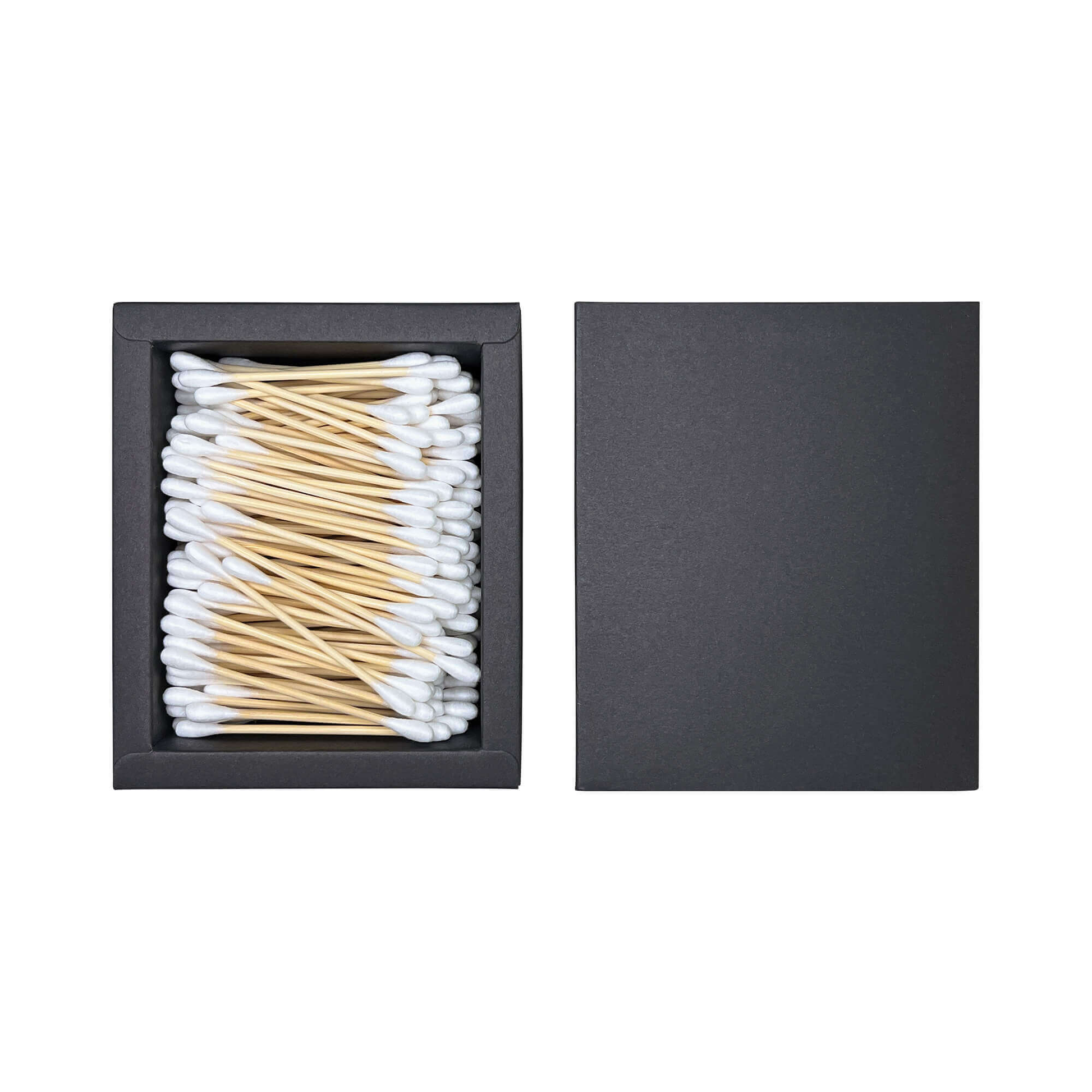 Biodegradable cotton swab box with ultra-soft pure cotton and bamboo stem, perfect for makeup application and ear cleaning.