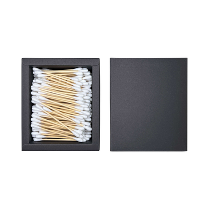 Biodegradable cotton swab box with ultra-soft pure cotton and bamboo stem, perfect for makeup application and ear cleaning.