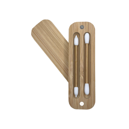 Reusable Makeup Swabs with eco-friendly silicone tips and bamboo sticks in a bamboo carrier case